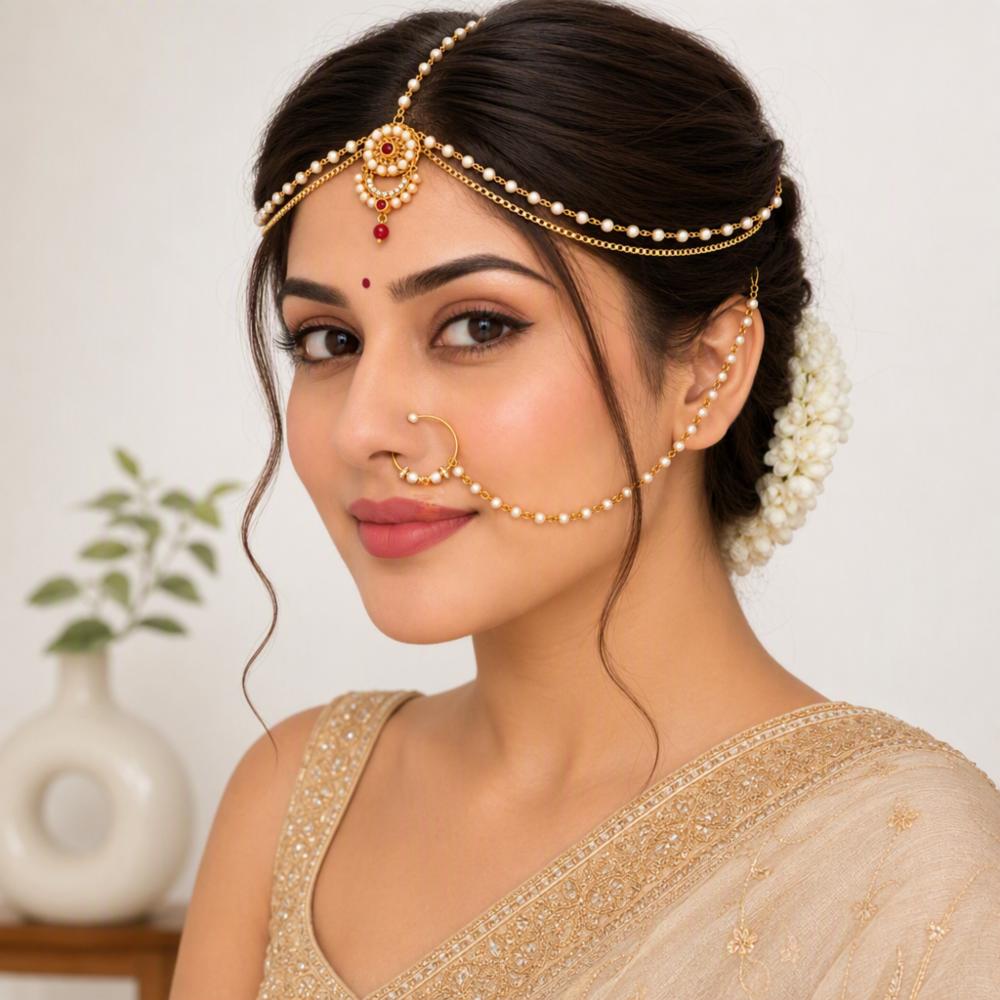 Pearl Nathni and Pearl Maang Tikka Combo Set Gold Tone for Women