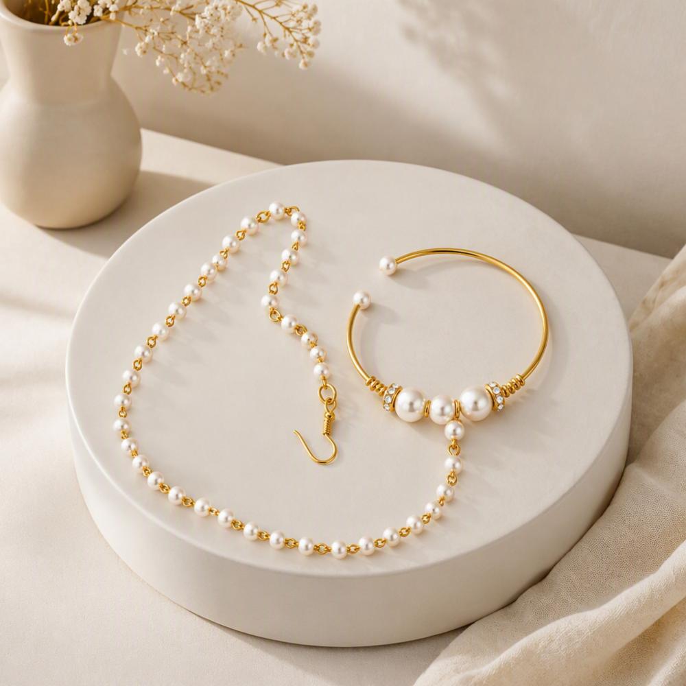 Traditional Pearl Bridal Nathni with Gold Tone and Pearl Ear Chain for Women