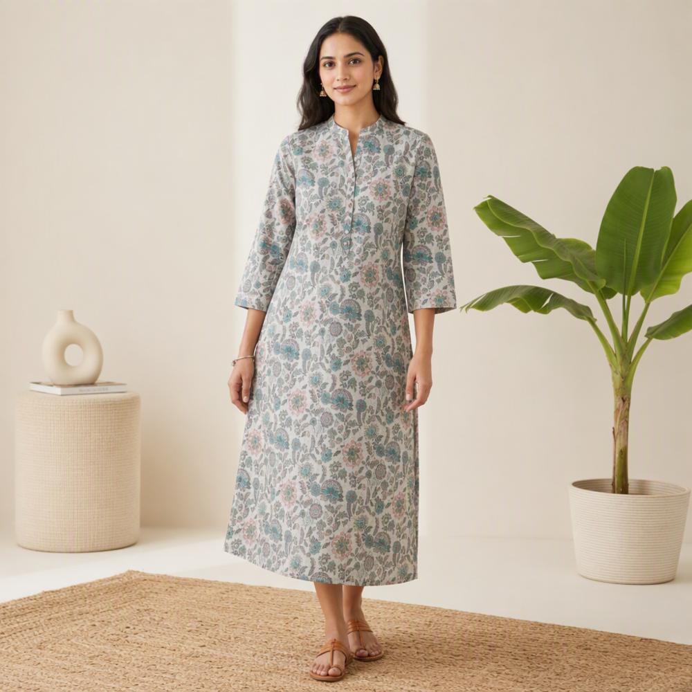 Pure Cotton Floral Printed Kurti with Collar Neck