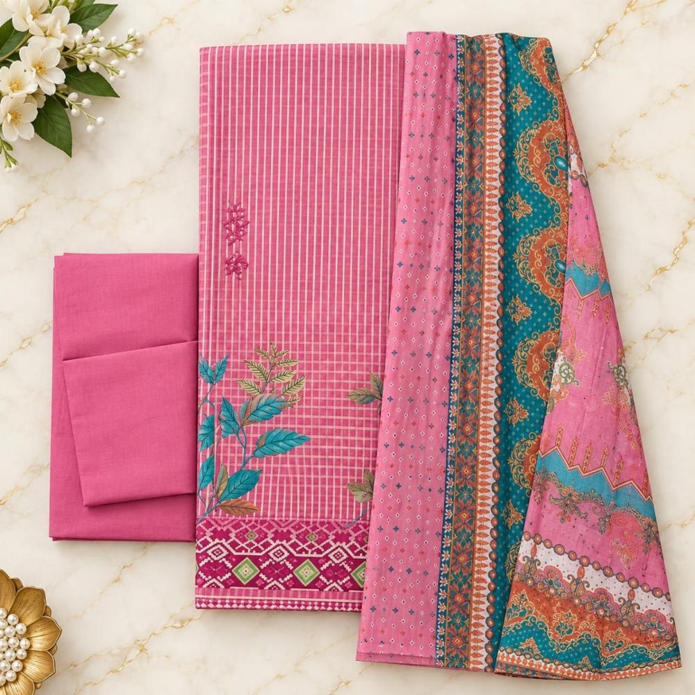 Mix and Match Cotton Unstitched Suit with Chiffon Dupatta