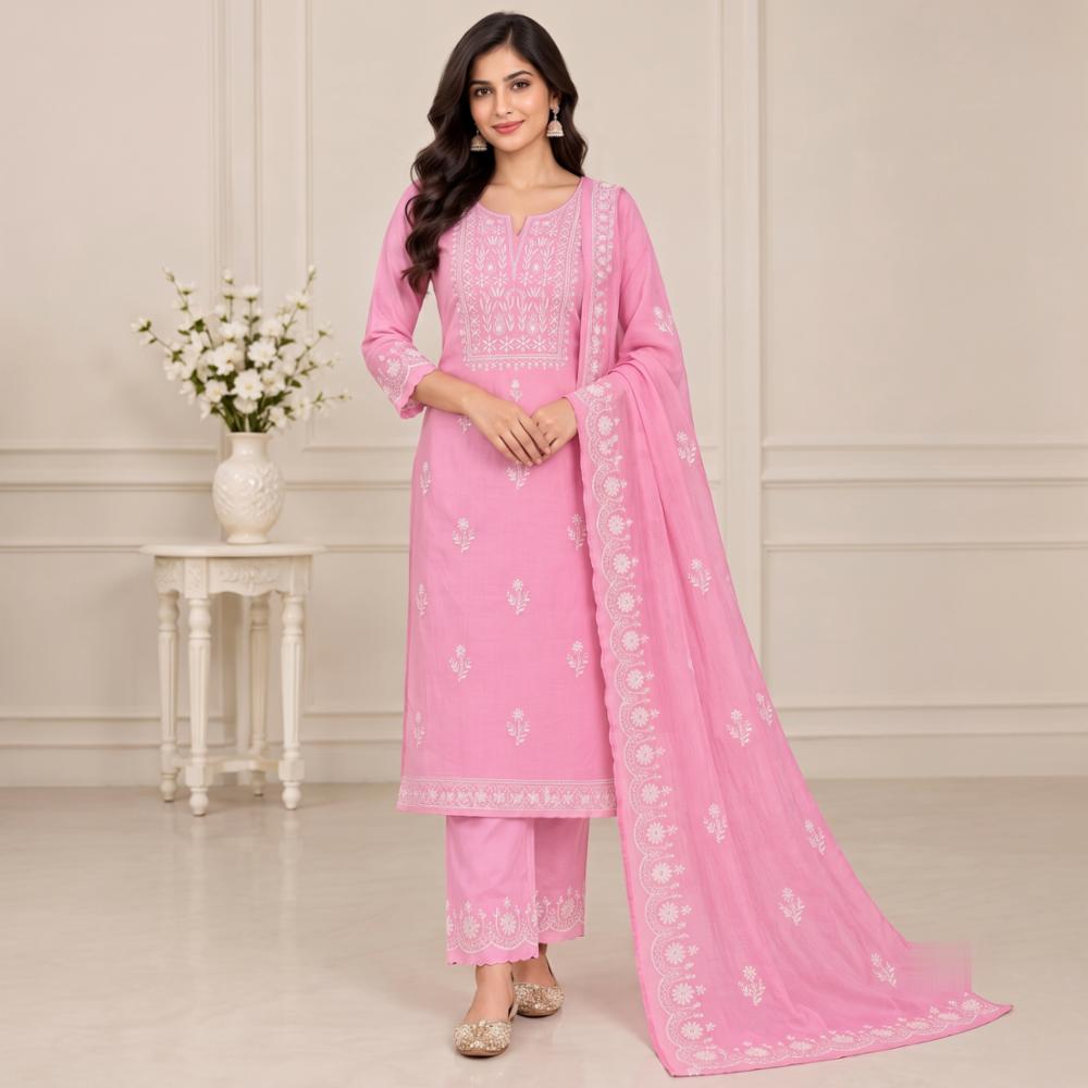 Pastel Pink Chikankari Embroidered Unstitched Suit Set with Dupatta