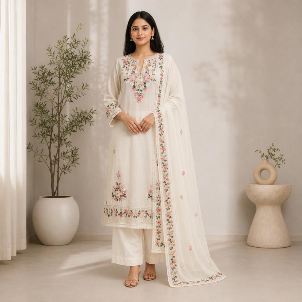 Unstitched Floral Embroidered Chanderi Cotton Suit with Dupatta