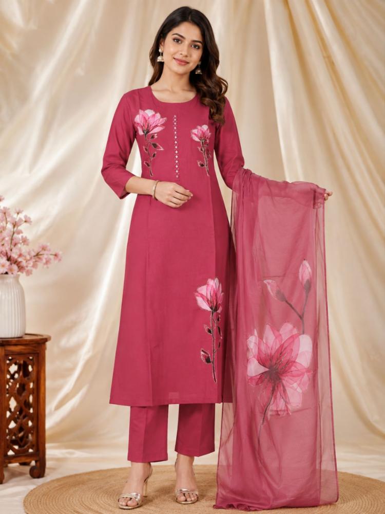 Womenâs Magenta Floral Embroidered Suit Set
