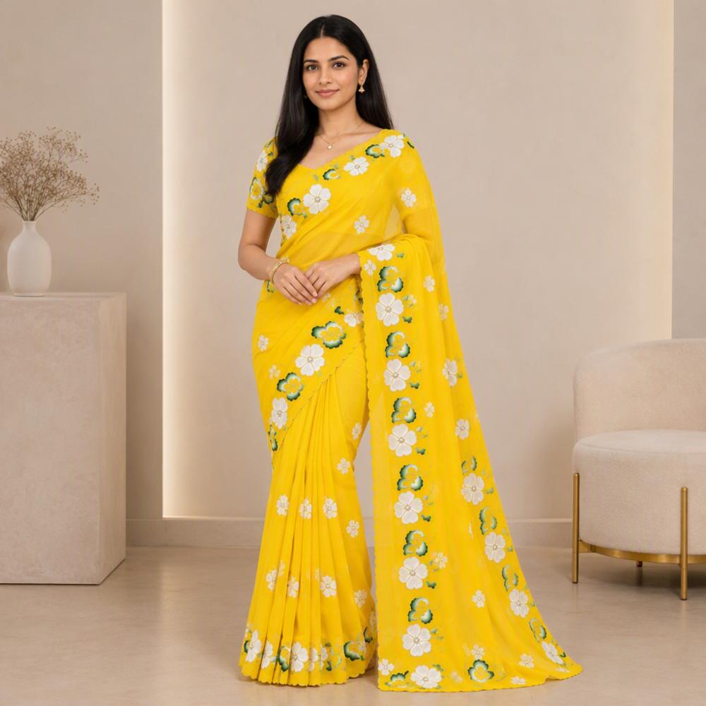 Pure chiffon Handwork Saree