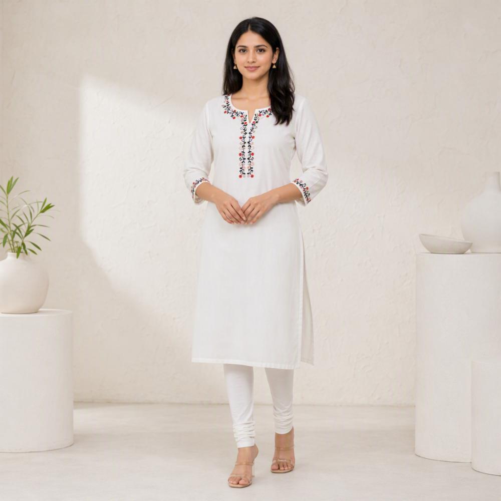 Womenâs White Pure Cotton Embroidered Kurti with Side Cut