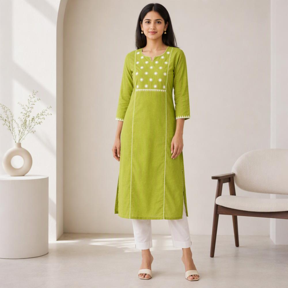 Green Cotton Embroidery Kurti