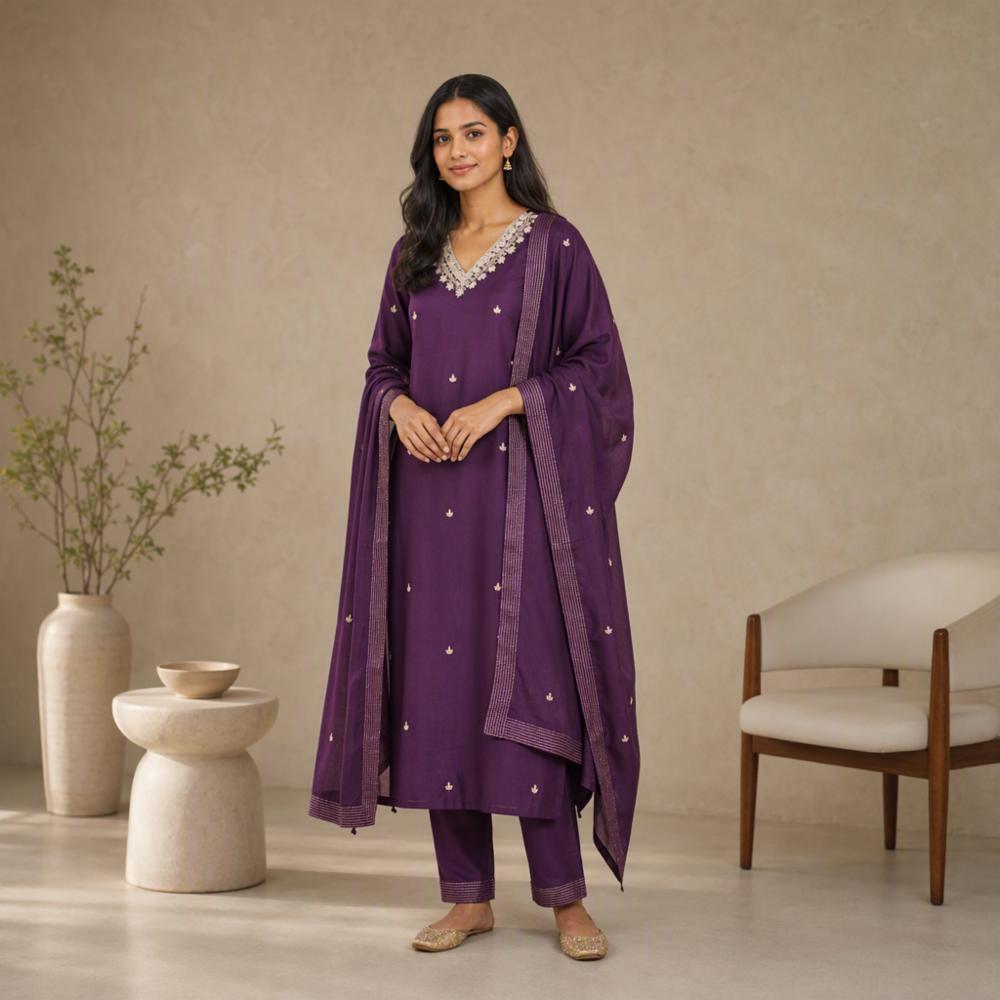 Womenâs Plum Purple Mal Chanderi 3-Piece Suit Set with Hand Gota Work