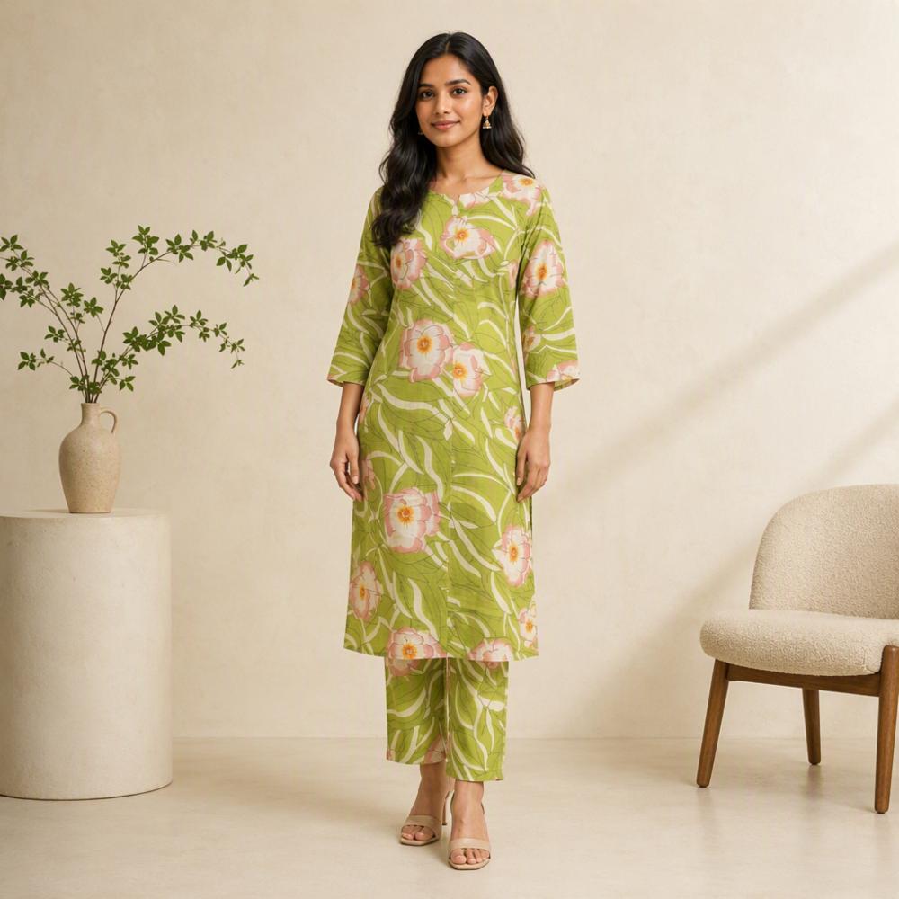 Womenâs Green Floral Printed Cotton Kurta Pant Set