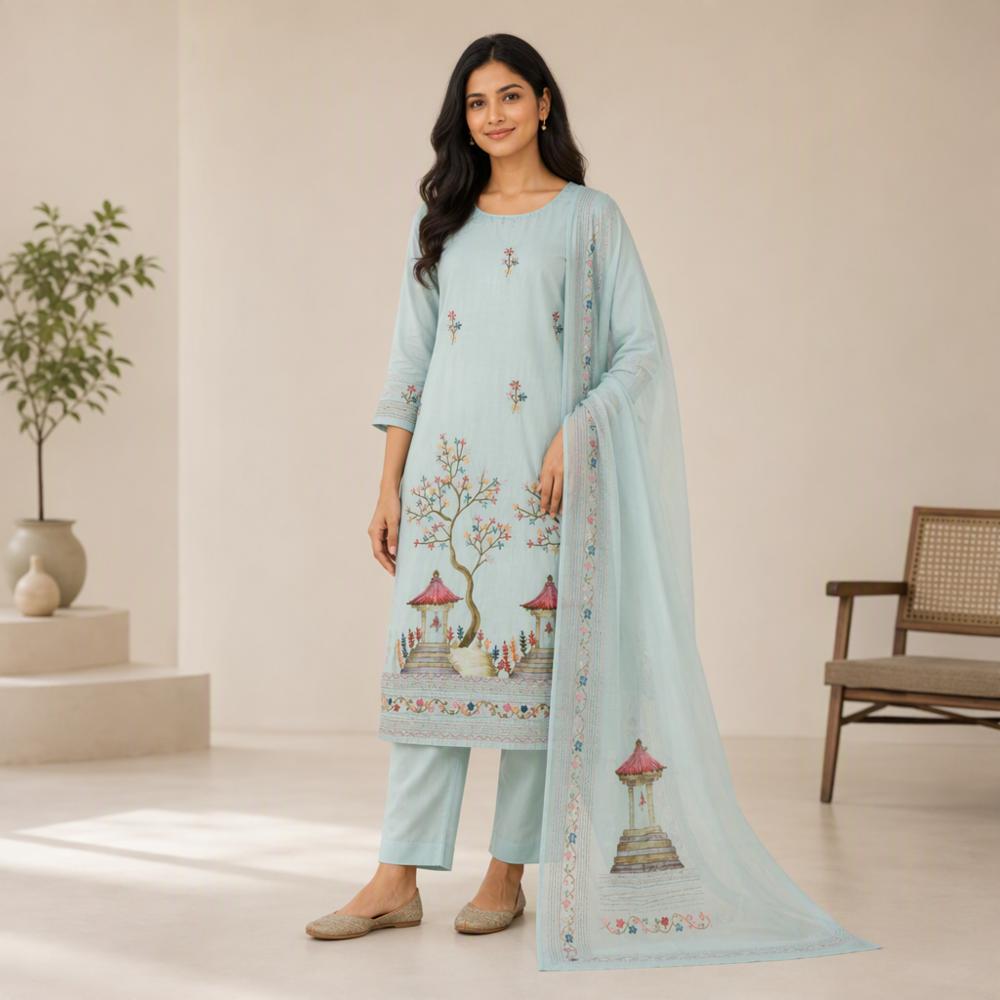 Womenâs Sky Blue Cotton Kurta Pant Dupatta Set Floral Printed Embroidered