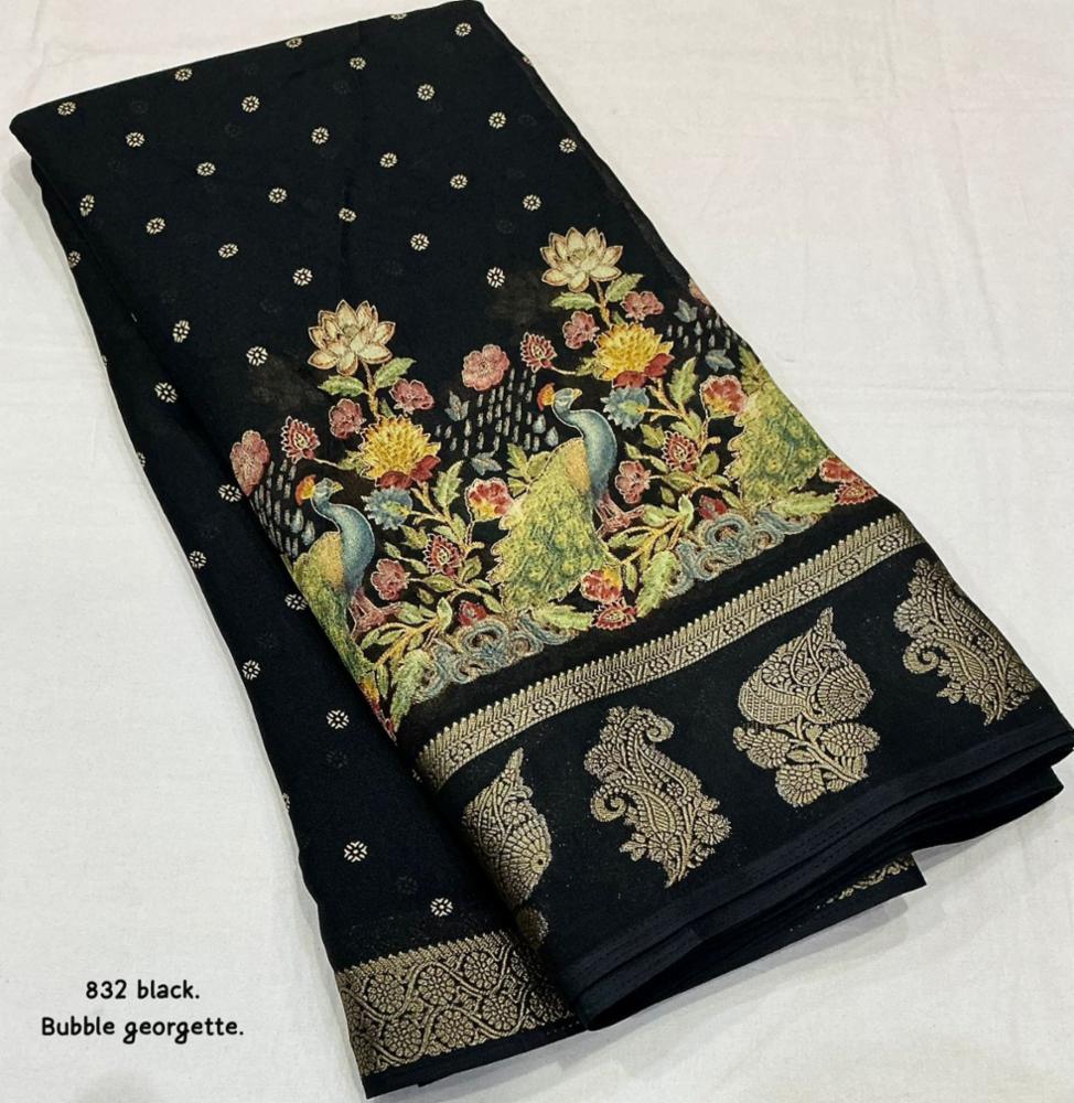 Soft Black Bubble Georgette Saree with Zari Woven Pattu Border & Kashmiri Print