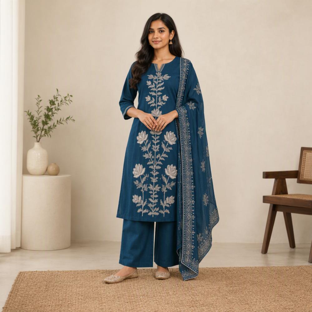 Womenâs Deep Teal Blue Floral Embroidered Cotton 3-Piece Suit Set