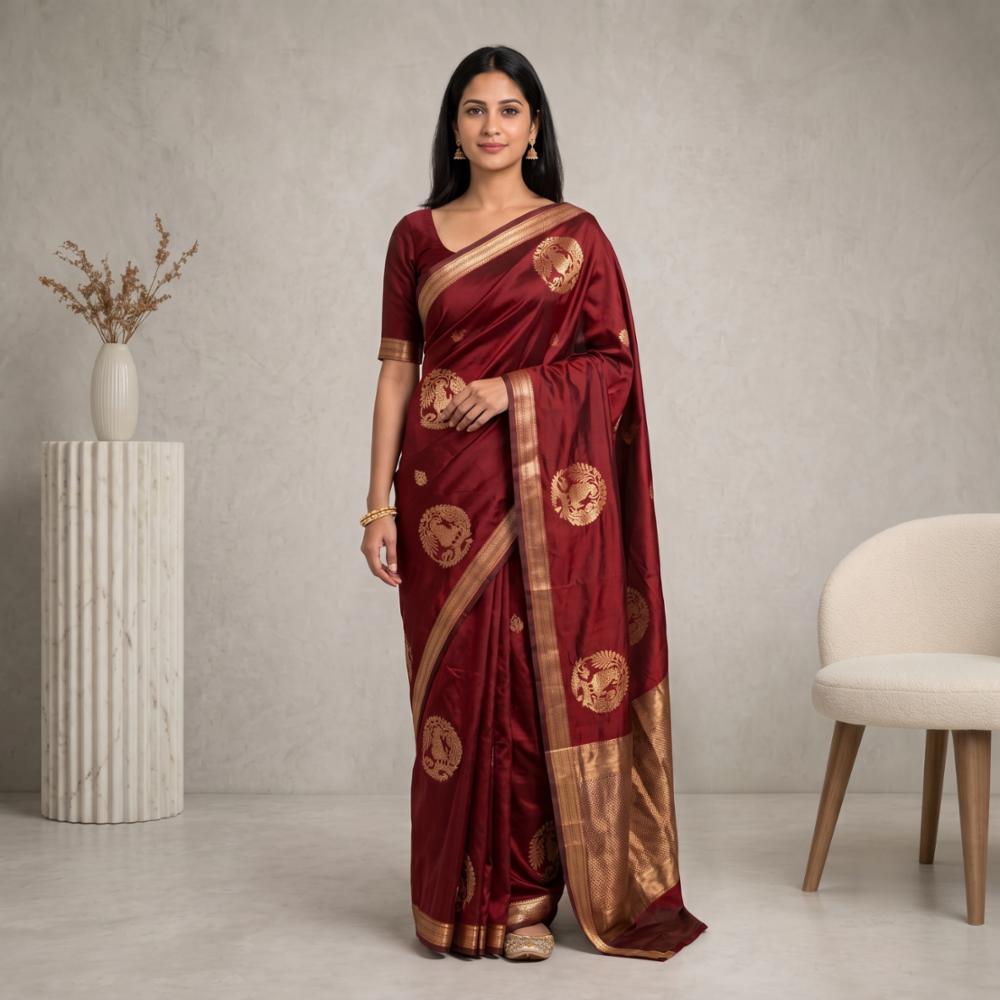 Soft Silk Zari Woven Peacock Butta Saree with Running Blouse