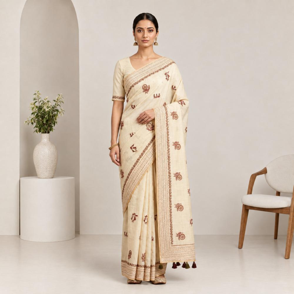 Cotton blend Feel Saree with Worli Embroidery and Kaath Style Stitch Border