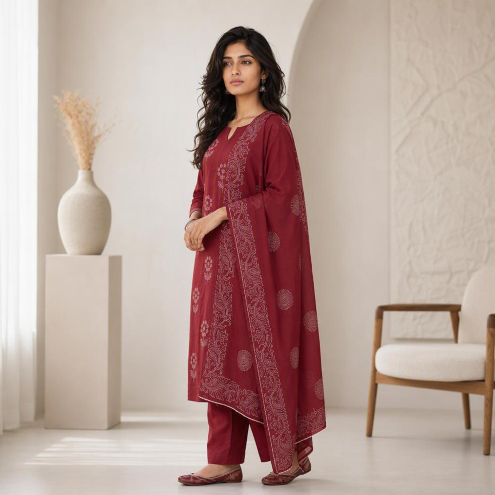 Womenâs Wine Cotton Floral Embroidered 3-Piece Suit Set
