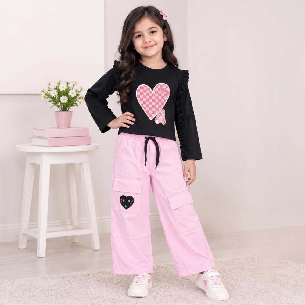 Girls Western Dress with Plazzo Pant, Cotton Top & Pant, Ruffle Sleeves, Cargo Pockets