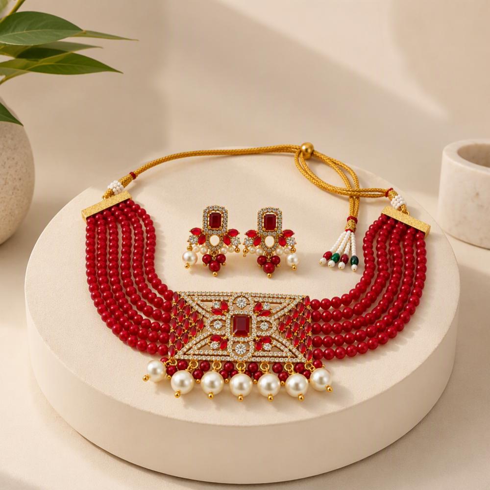 Red Beaded Kundan Pearl Choker Necklace Set with Earrings