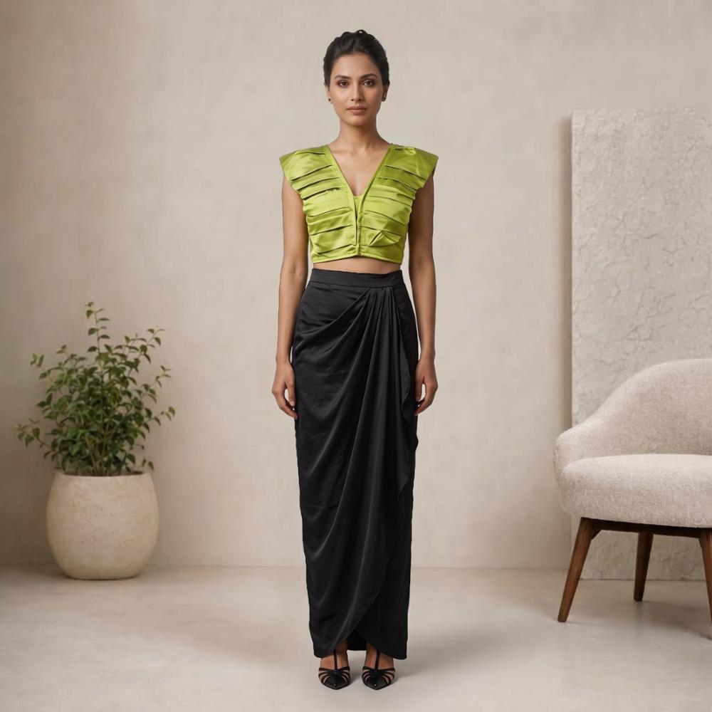 Calki Designer Cocktail Dress Co Ord Set With Draped Skirt And Pleated Top
