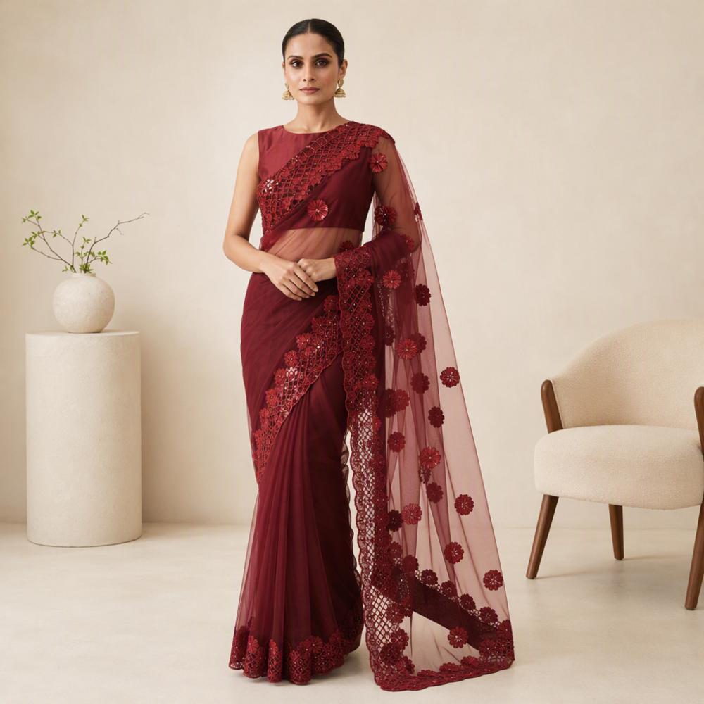 Net Saree with Viscose Blouse and Machine Thread Work