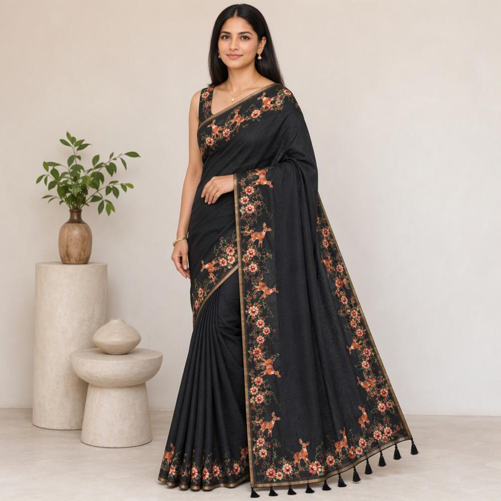 Soft Cotton Linen Saree with Floral Digital Print and Golden Aari Work