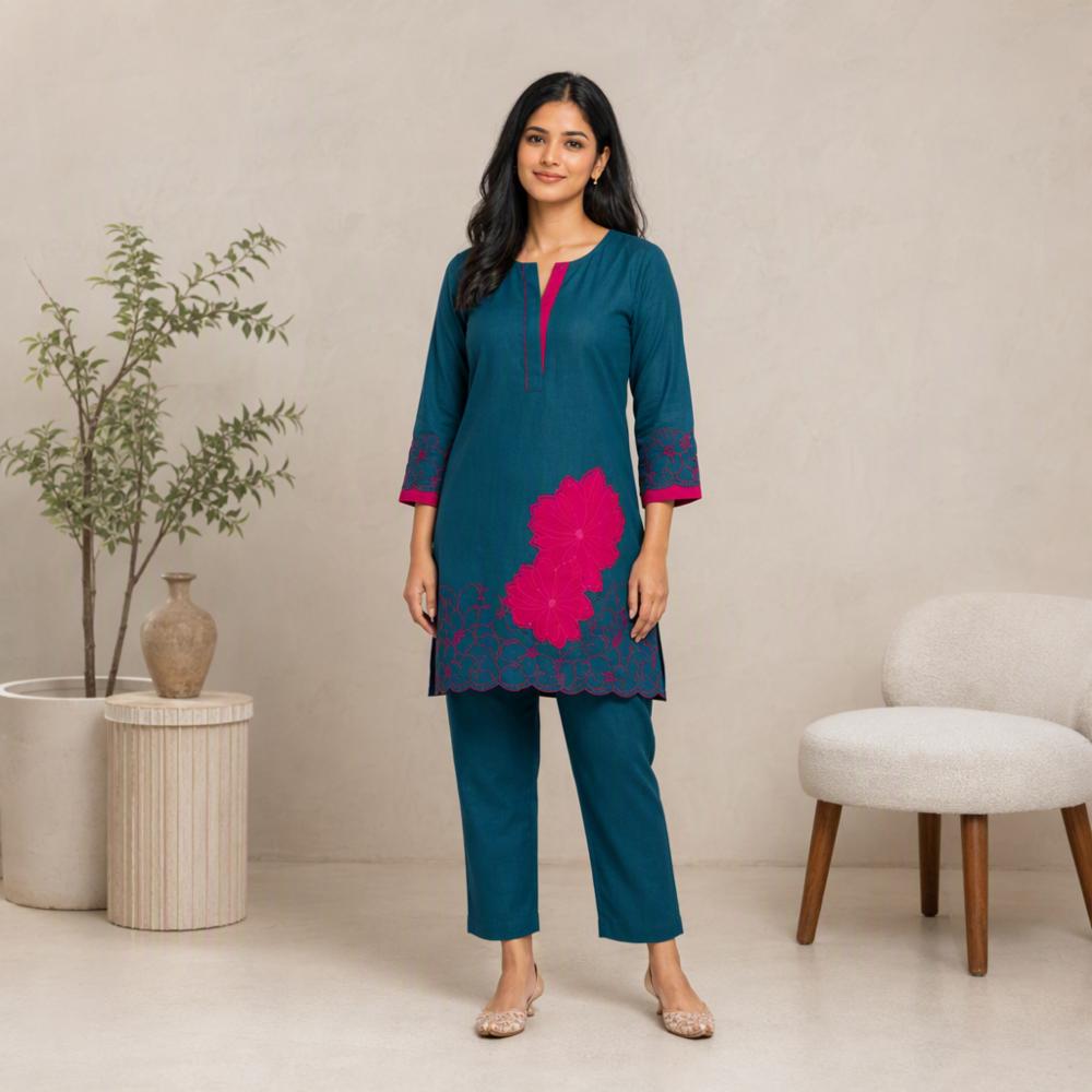 Women's Teal Blue Floral Embroidered Kurta and Pant Set