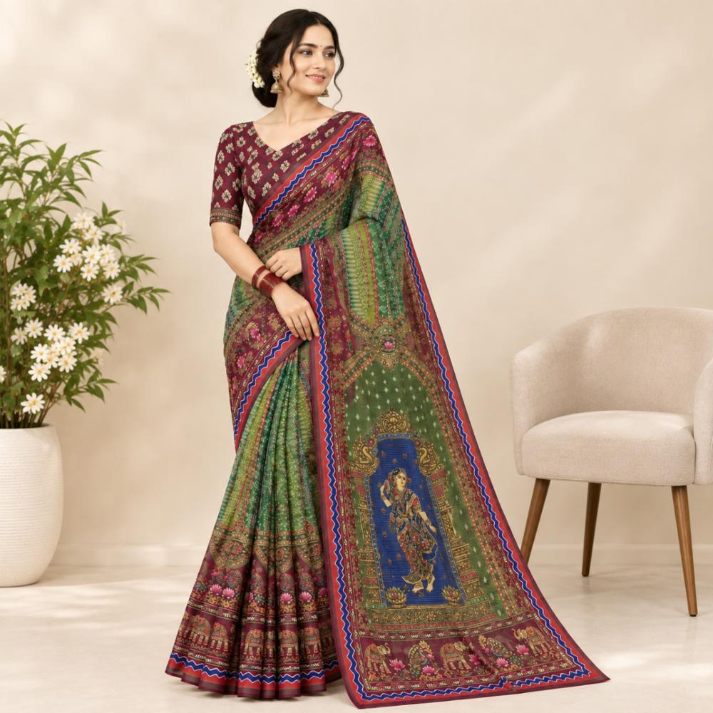 Arjakh Sartin Viscous Silk Saree with Designer Print and Lace Border