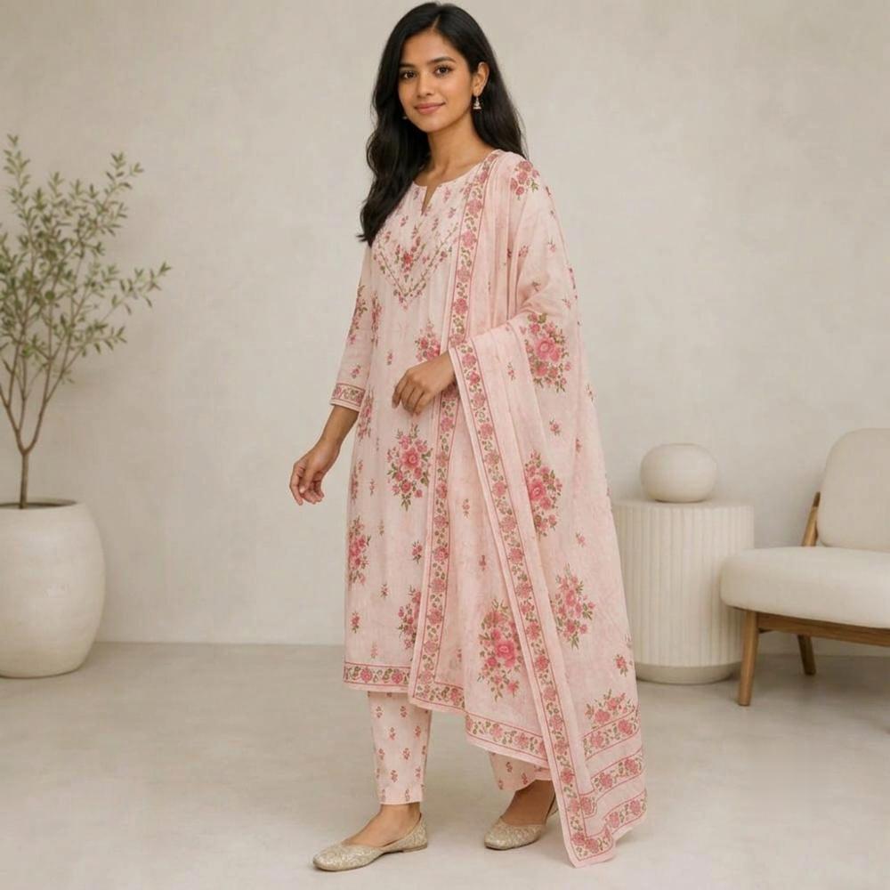 Womenâs Blush Pink Floral Printed Cotton 3-Piece Suit Set