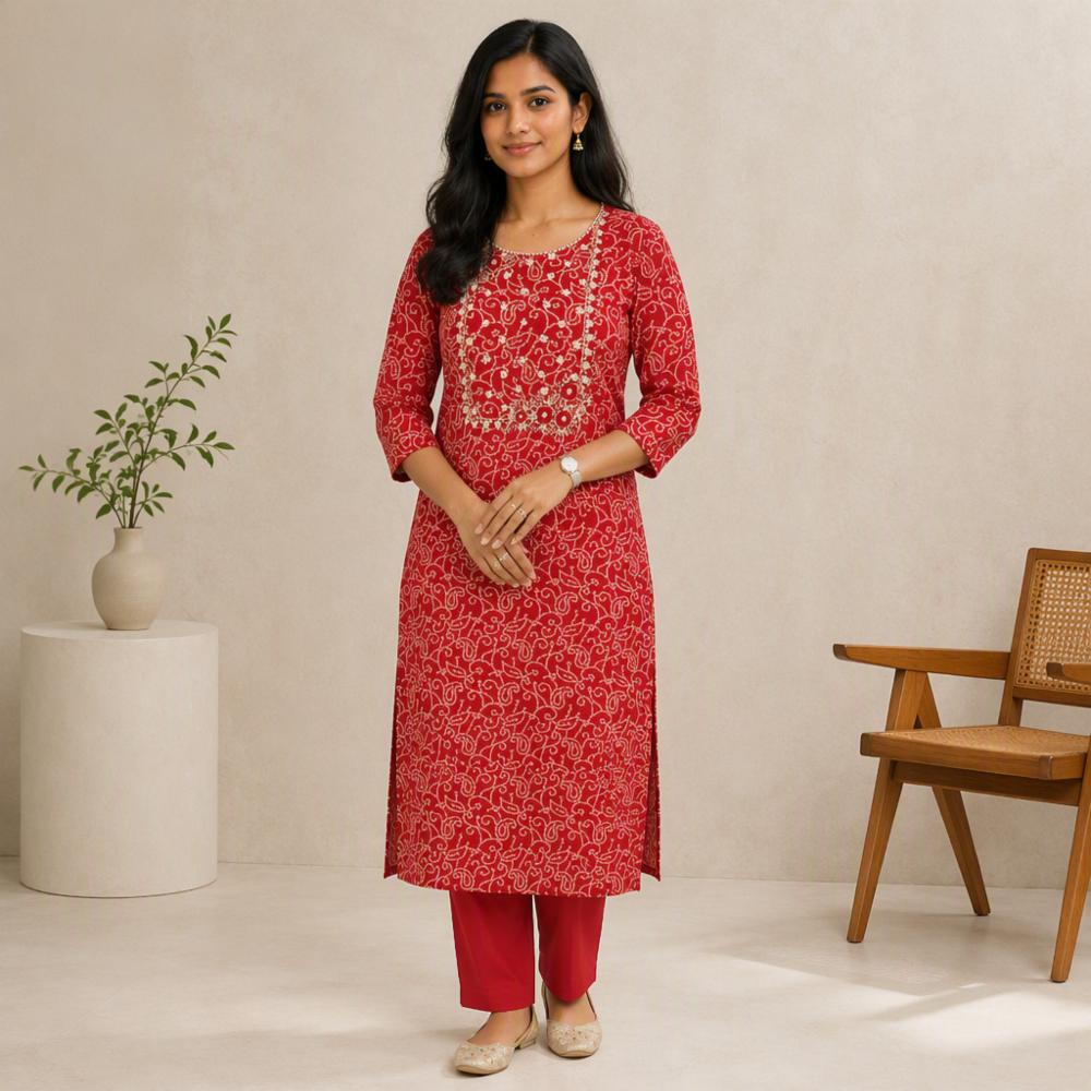 Handcrafted Red Cotton Kurta Pant Set