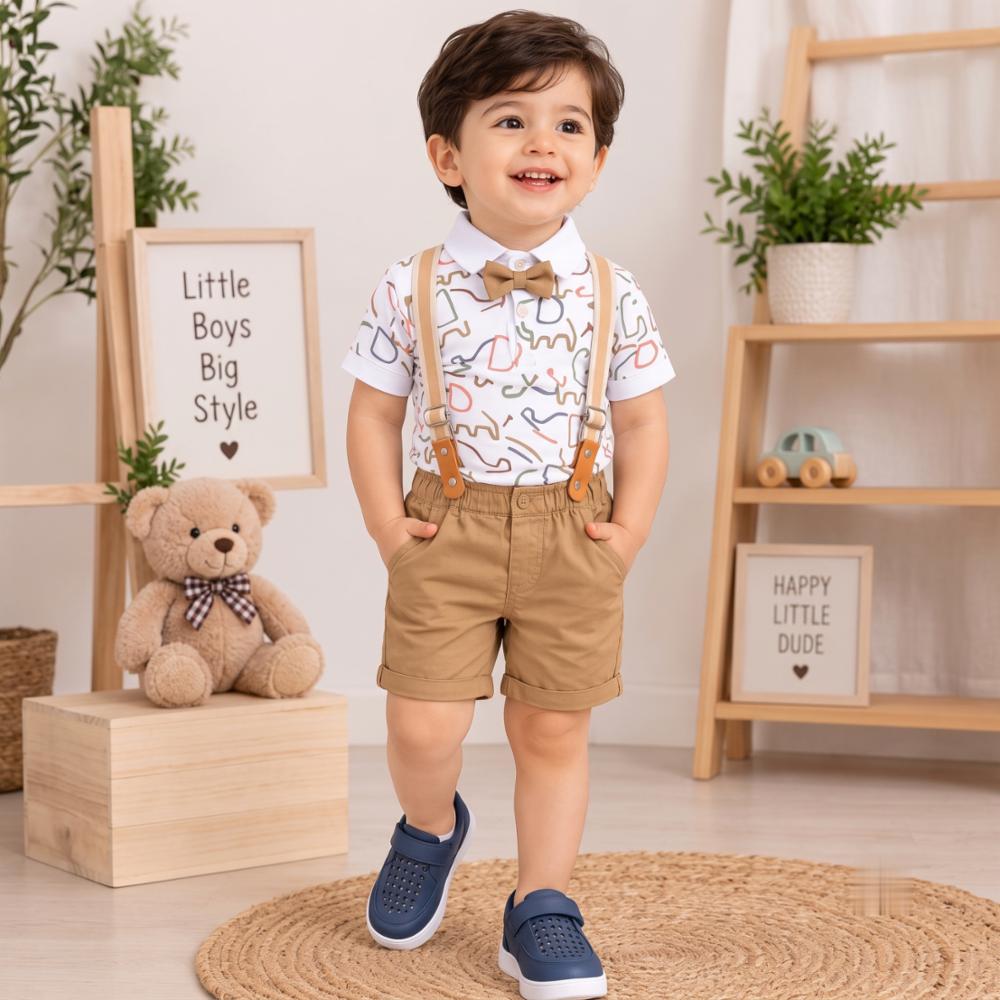 Boys Cotton Suspender Set with Printed T-shirt and Half Pant