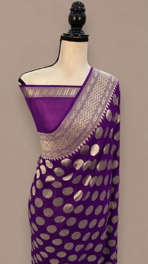 Banarasi Semi Georgette Silver Zari Gol Boti Weaving Saree