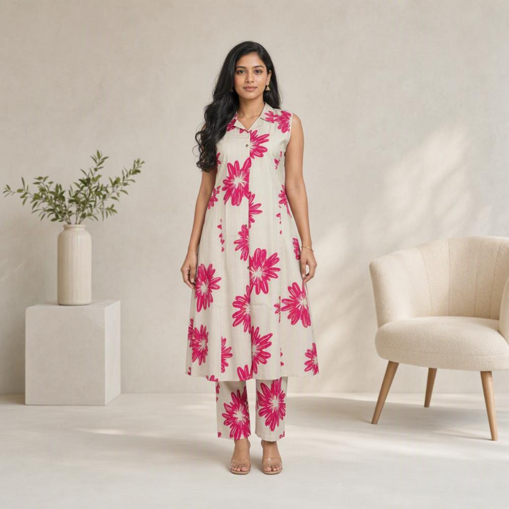 Vertical Rayon Viscose Cotton Silk Kurti Pant Set