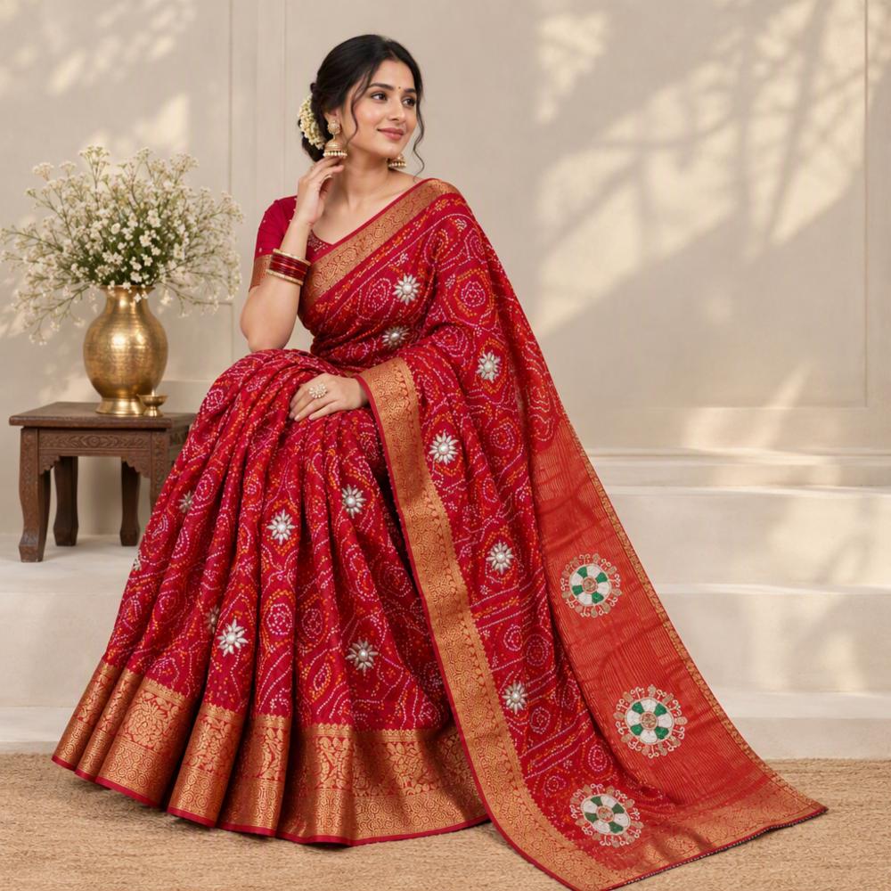 Pure H.O Silk Chunri Print Saree with Handwork and Upada Silk Blouse