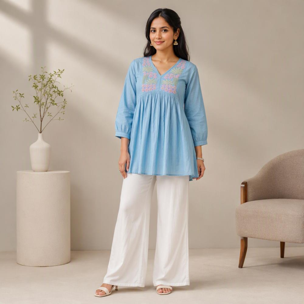 Pure Cotton Embroidered Top with Maharaja Silky Palazzo Suit Set
