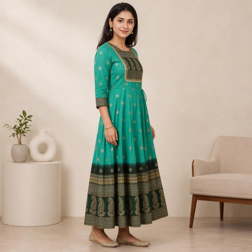 Womenâs Green Morpich Pure Cotton Anarkali Kurti