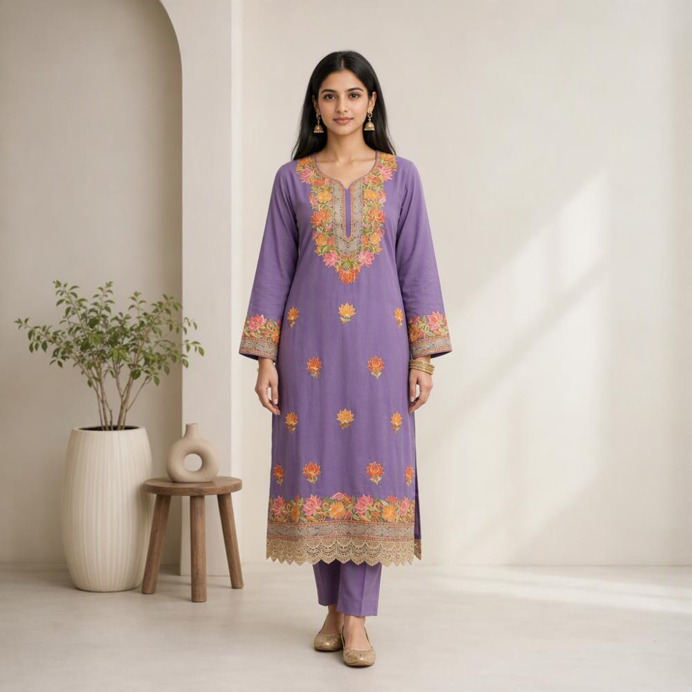 Cotton Long Kurti with Kashmiri Aari Work 