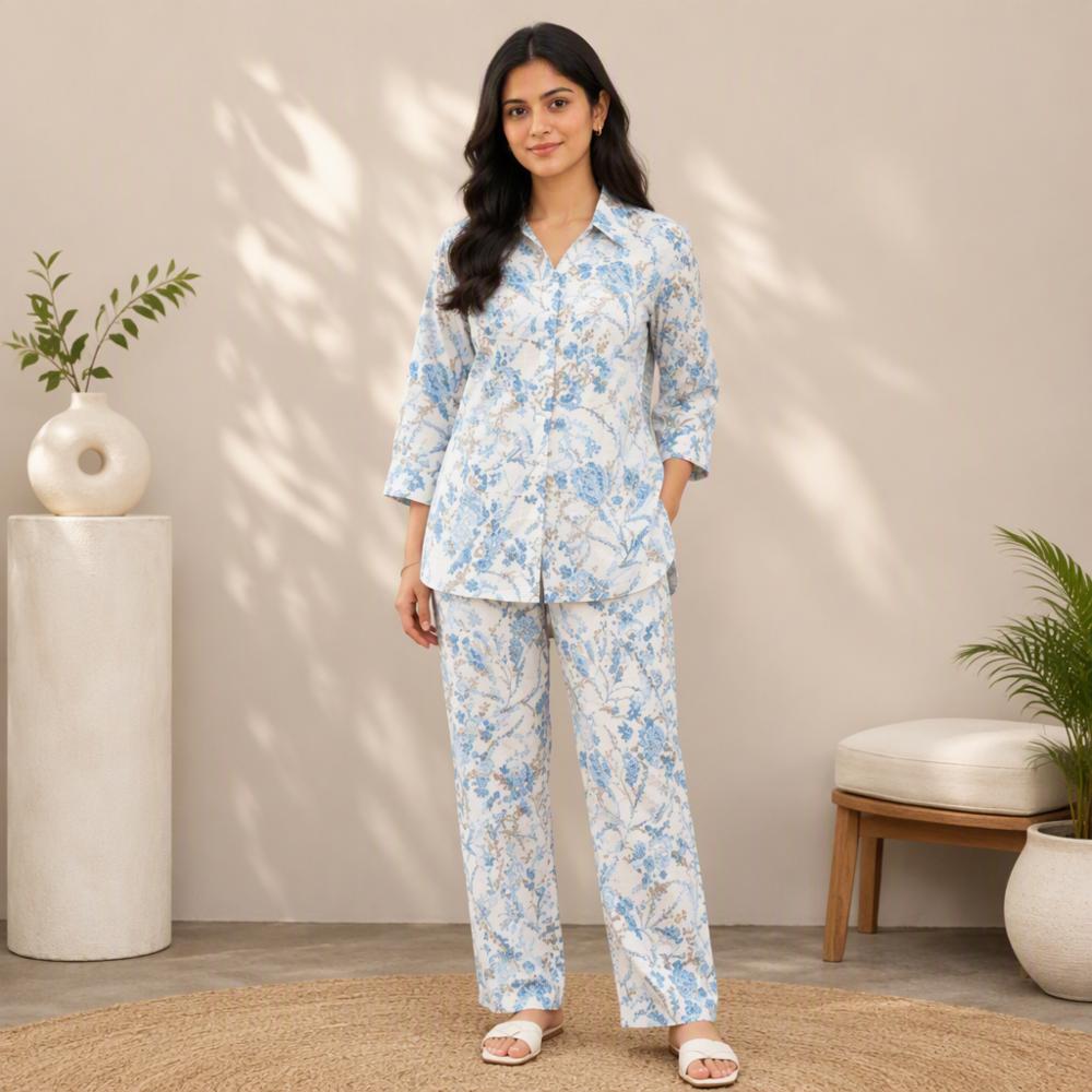 Blue Floral Printed Cotton Cord Set for Women
