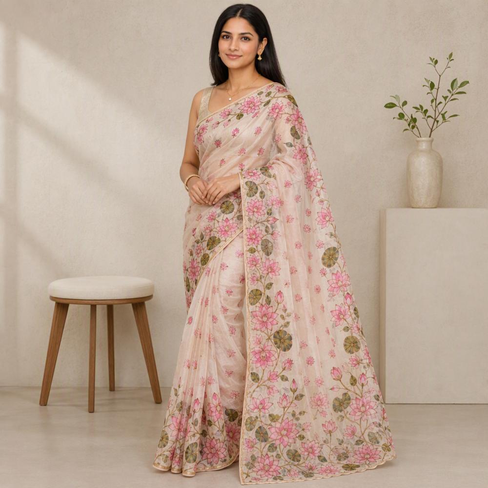 Soft Tebby Silk Saree with Digital Floral Print and Katdana Handwork