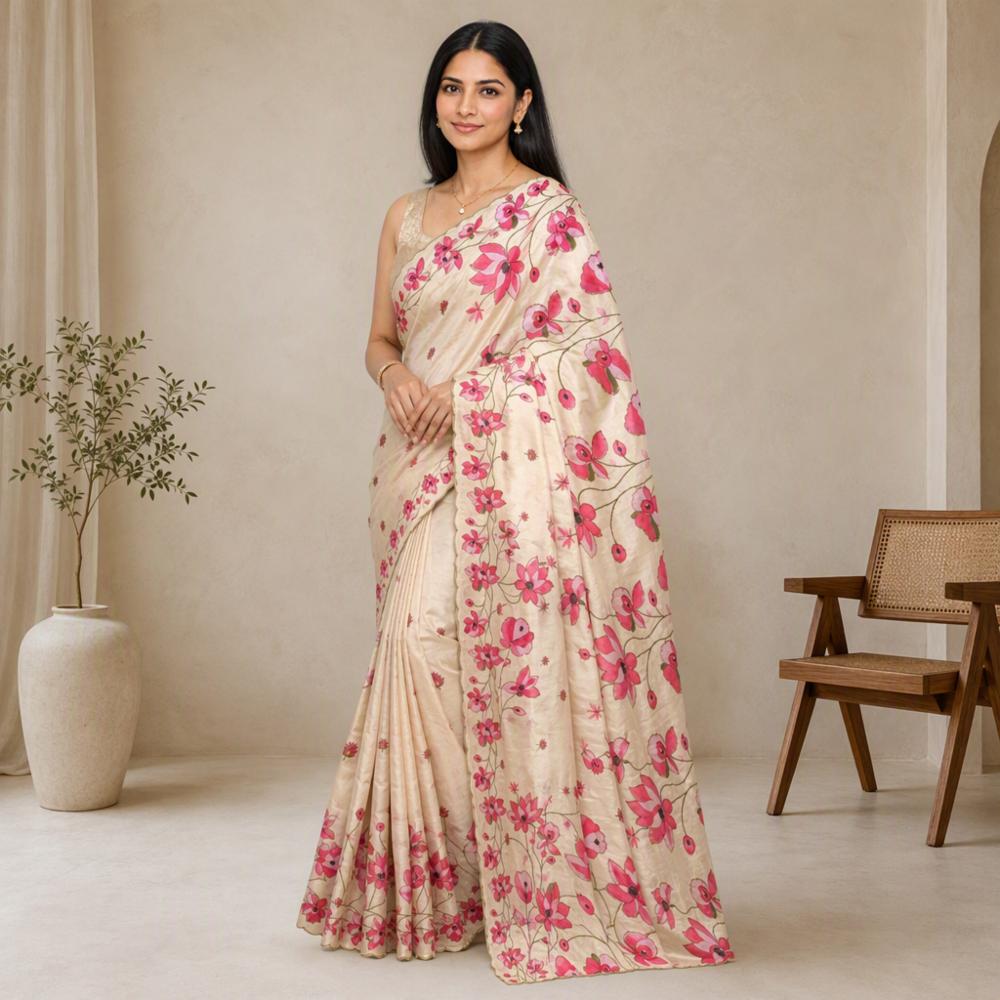 Soft Tebby Silk Saree with Digital Floral Print and Katdana Handwork