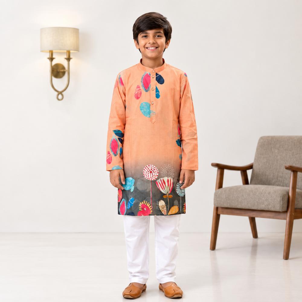 Boys Printed Kurta Pajama Set Rayon Cotton Blend