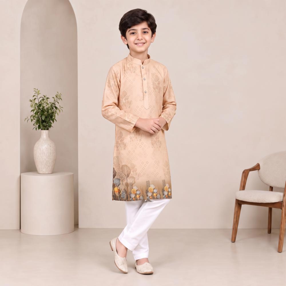 Boys Printed Kurta Pajama, Rayon Cotton Blend, Full Sleeves