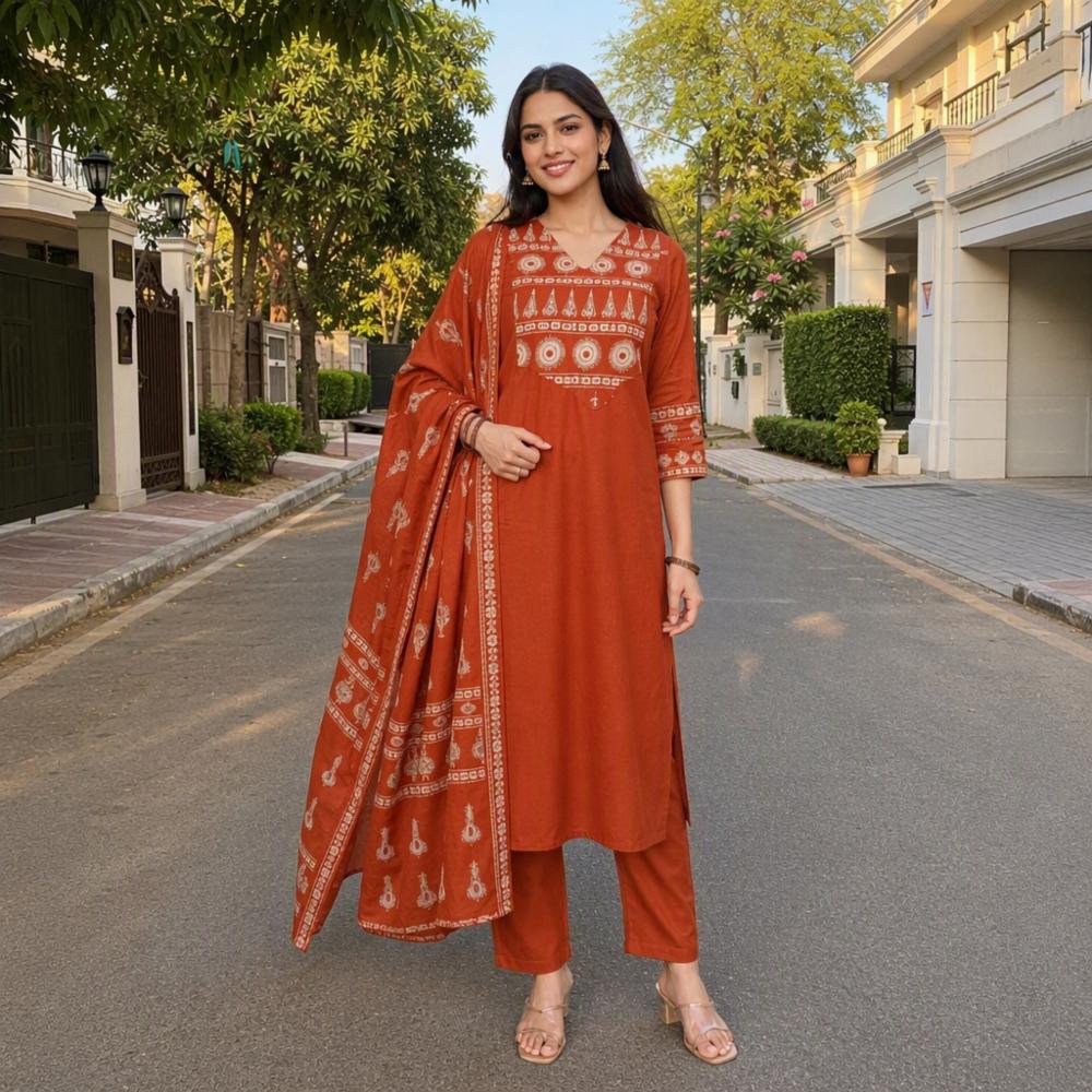Women Rust Brown Cotton Kurti Set with Block Print and Dupatta