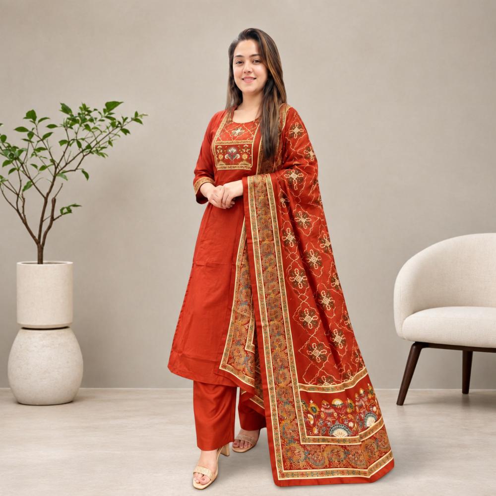 Gaji Silk Kurti Pant with Printed Dupatta Set