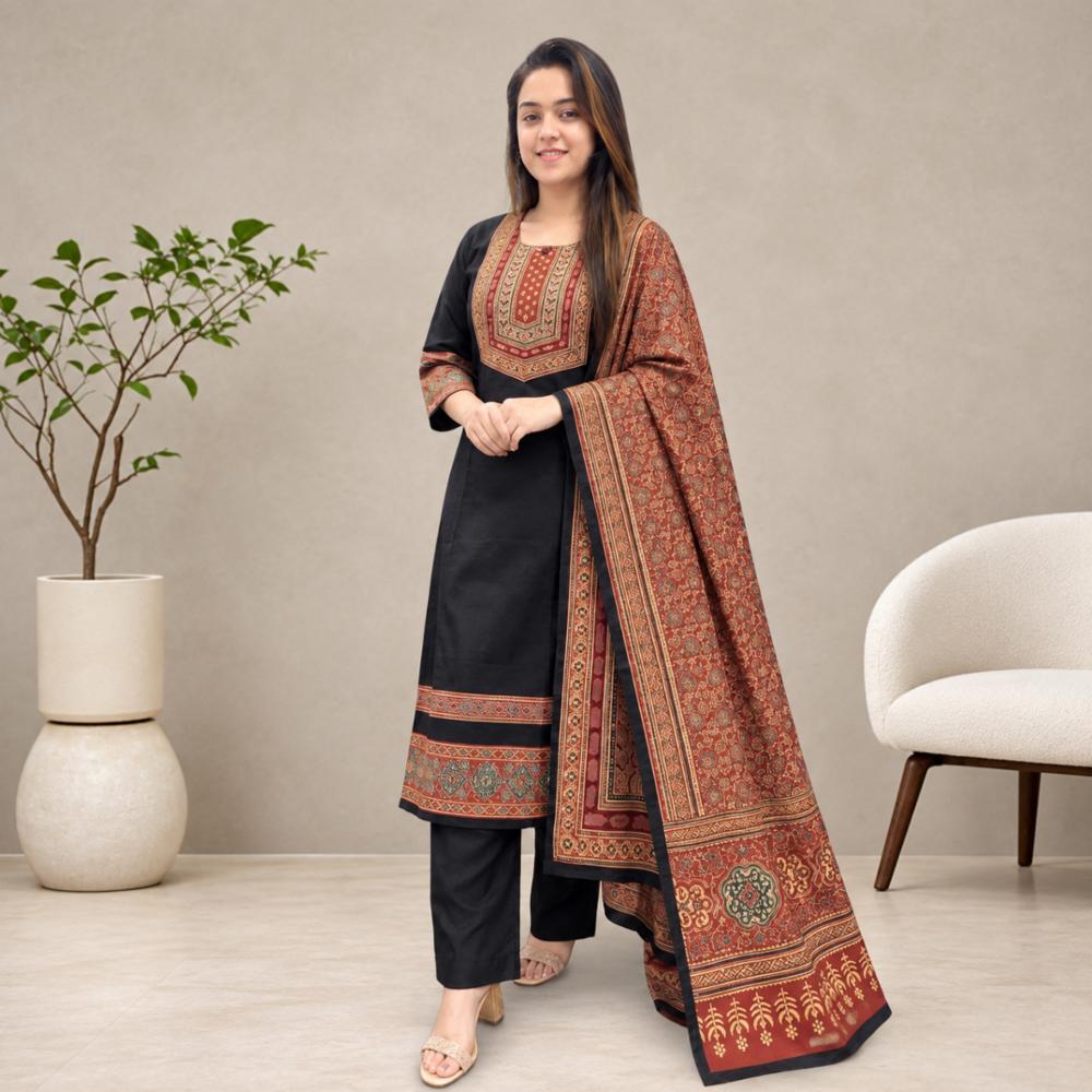 Gaji Silk Plain Pant with Printed Dupatta Set
