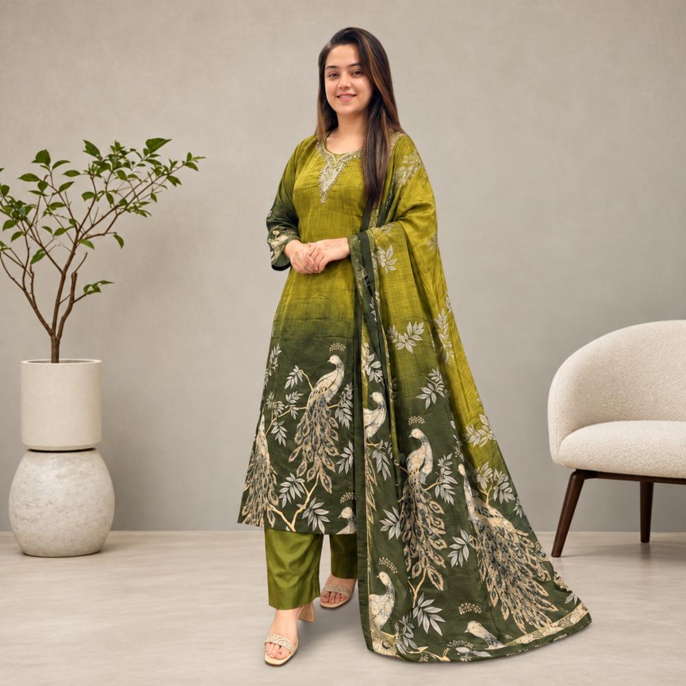Crape Silk Printed Kurti Pant with Dupatta Set