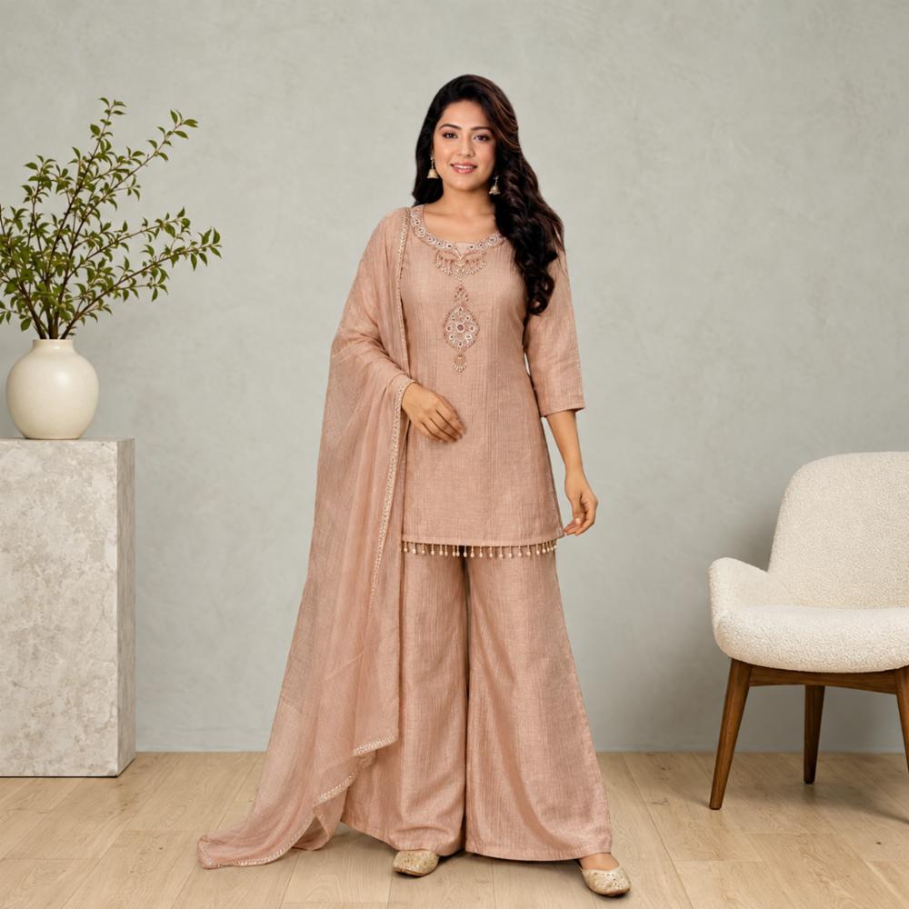 Salsa Fabric Kurta Palazzo Set with Dupatta and Handwork Detailing