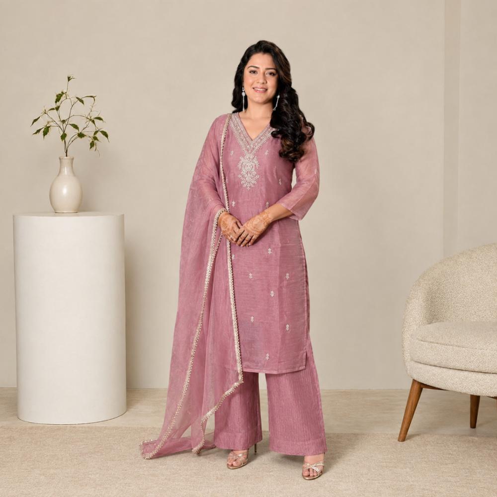 Organza Kurti Pant Dupatta Set with Embroidered Work