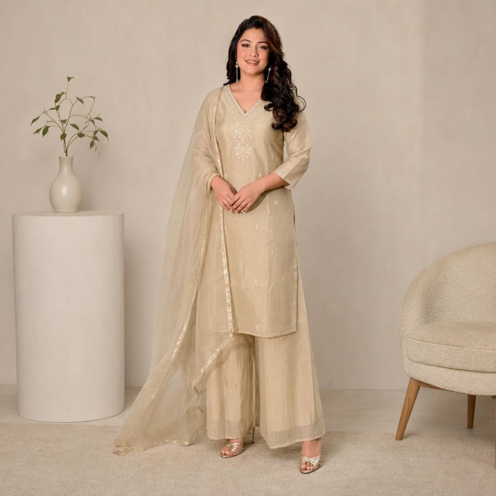 Organza Kurti Pant Dupatta Set with Embroidered Work