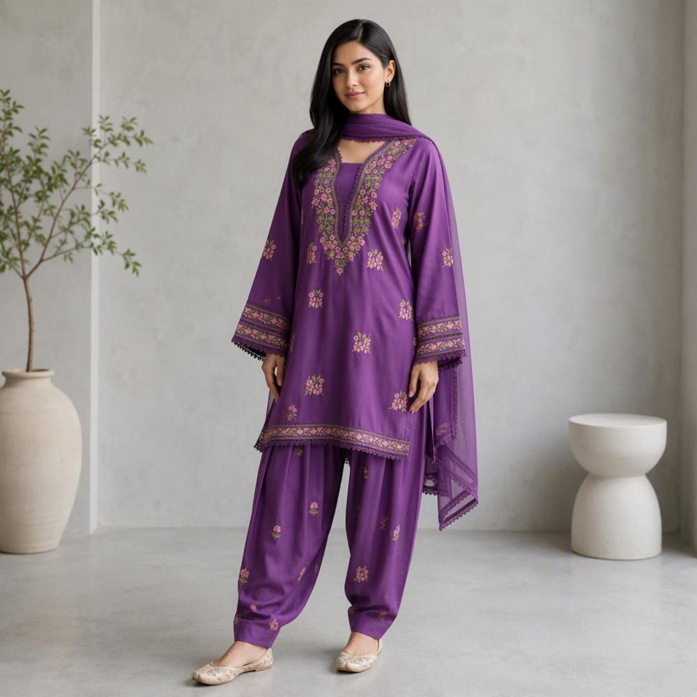 Pakistani Pure Lawn Cotton 3 Pc Embroidered Suit with Chiffon Dupatta