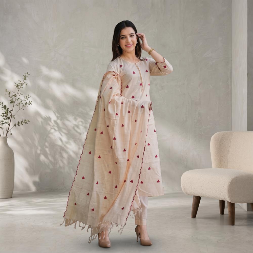 Khadi Cotton Handloom Embroidery Kurti Set with Linen Dupatta