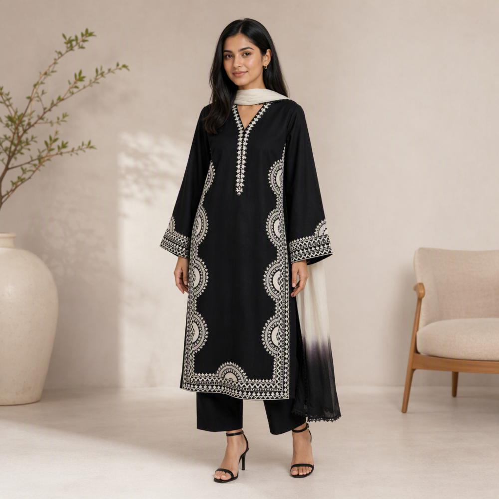Pakistani Pure Cotton Embroidered 3 Piece Set with Dual Shaded Chiffon Dupatta