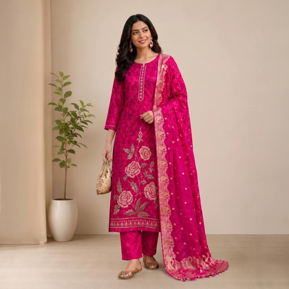 Kurti Pant Set with Banarasi Dupatta and Pearl Handwork